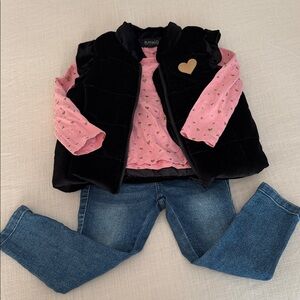 Buffalo Pink Heart Top with Black Vest and Skinny Jeans
